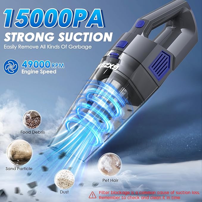 Handheld Vacuum Cordless, 15000PA Strong Suction Hand Held Car Vacuum Cleaner Rechargeable, Portable Hand Vacuum with Multi-Nozzles & Washable Filter