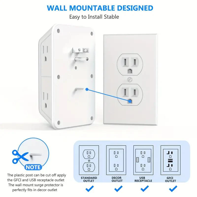 6-Outlet Surge Protector Wall Charger – Rectangular, Multi Plug with 4 USB Ports