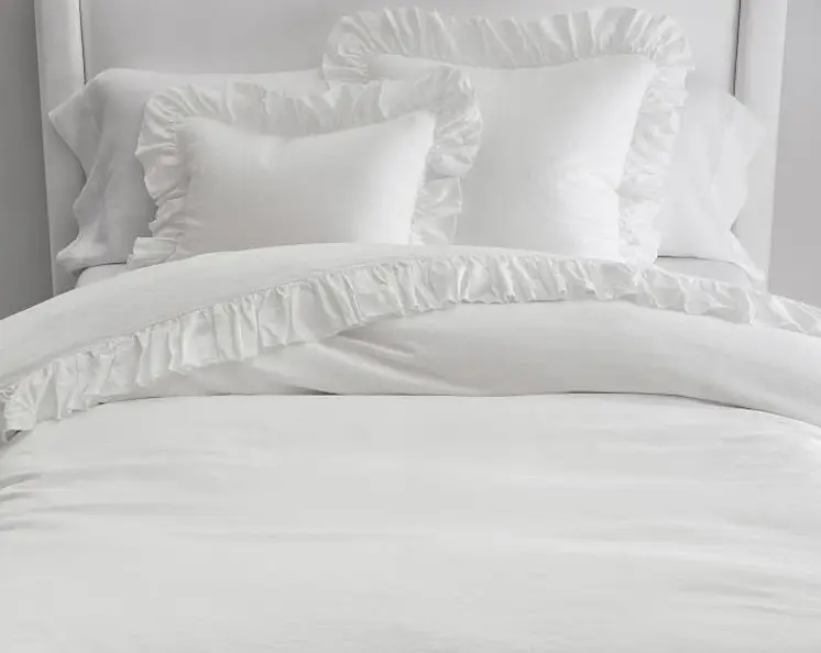 White – 100% Pure Linen | Linen Cotton Mix | 3 Piece Ruffle Duvet Cover Set | Handmade | Pre-washed | Soft