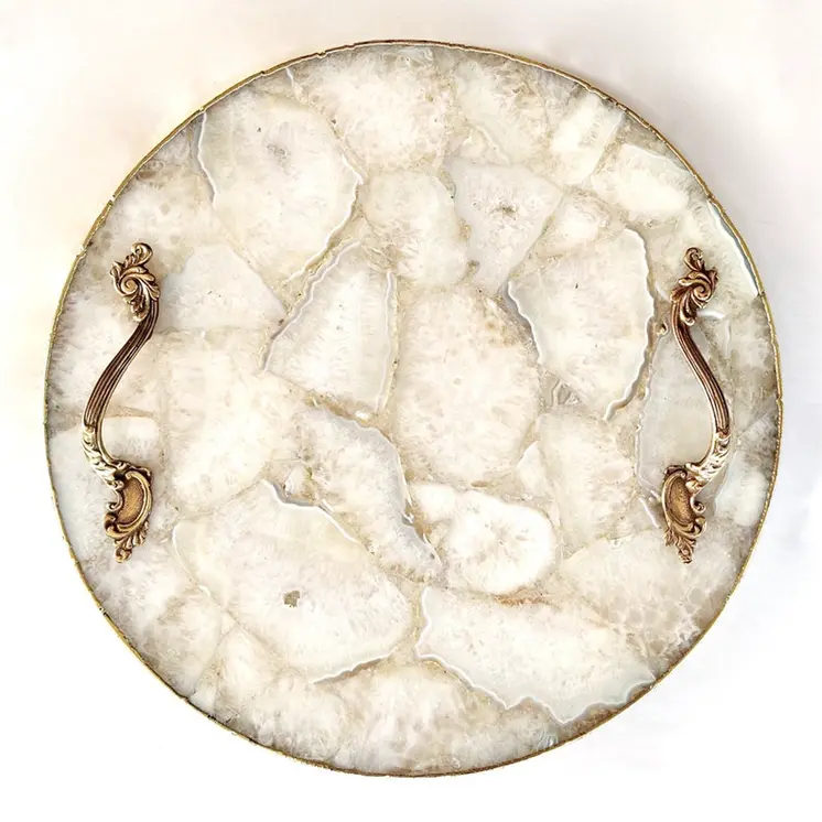 White Agate Serving Tray With Brass Handles Circular